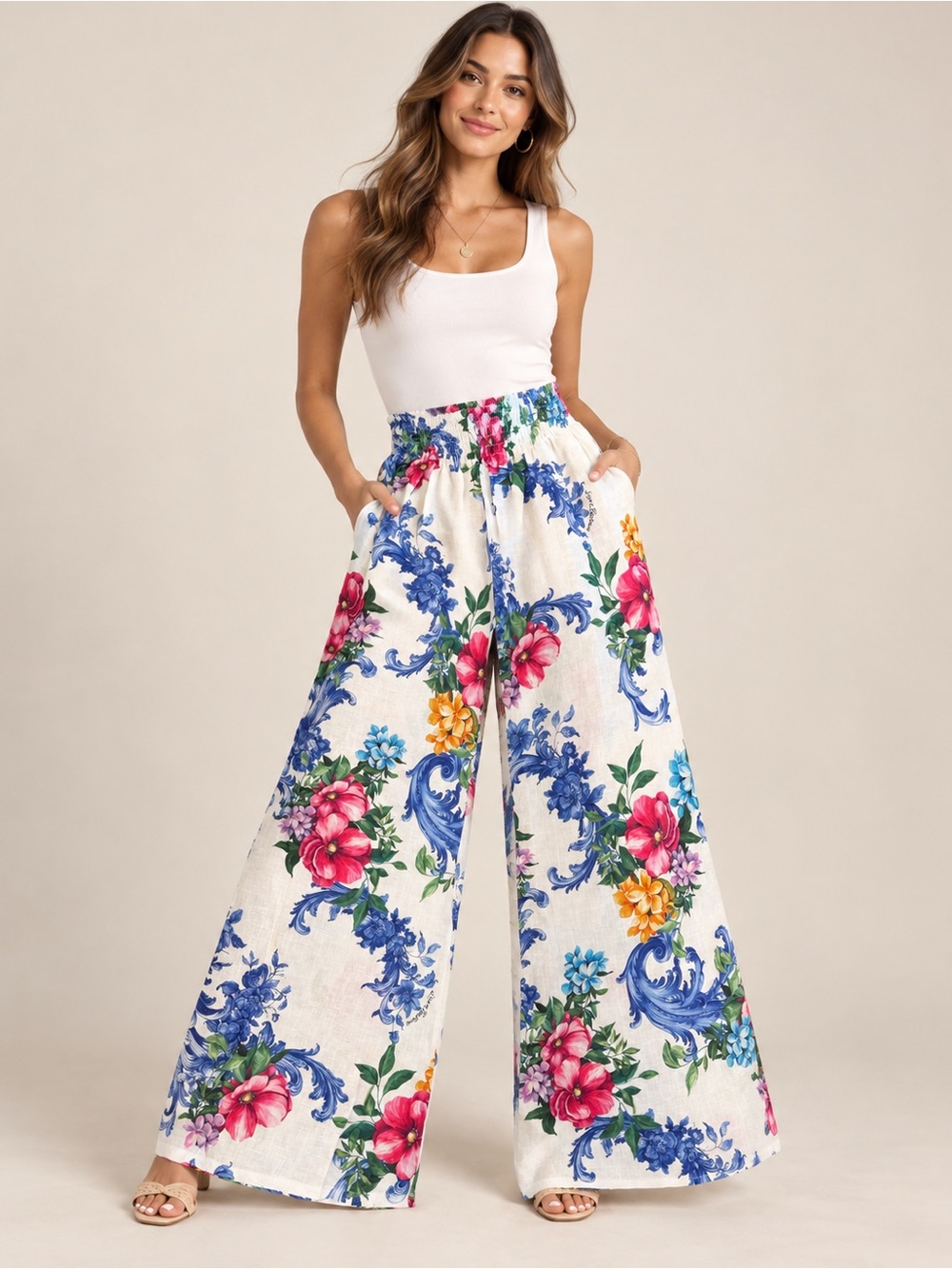 NWT Luisa Positano 100% Linen Floral High Waist Wide Leg Palazzo Pants Italy OS